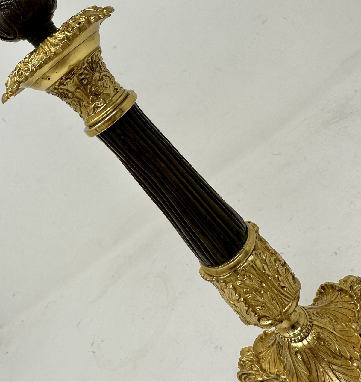 077. Antique Pair of French Doré Bronze Neoclassical Ormolu Gilt Candlestick Lamps - Image 8