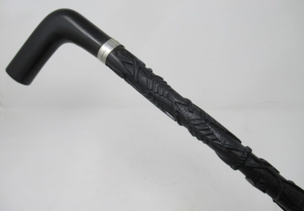 201. Fine Hand Carved Irish Bog Oak Walking Stick Silver Collar 19thCt