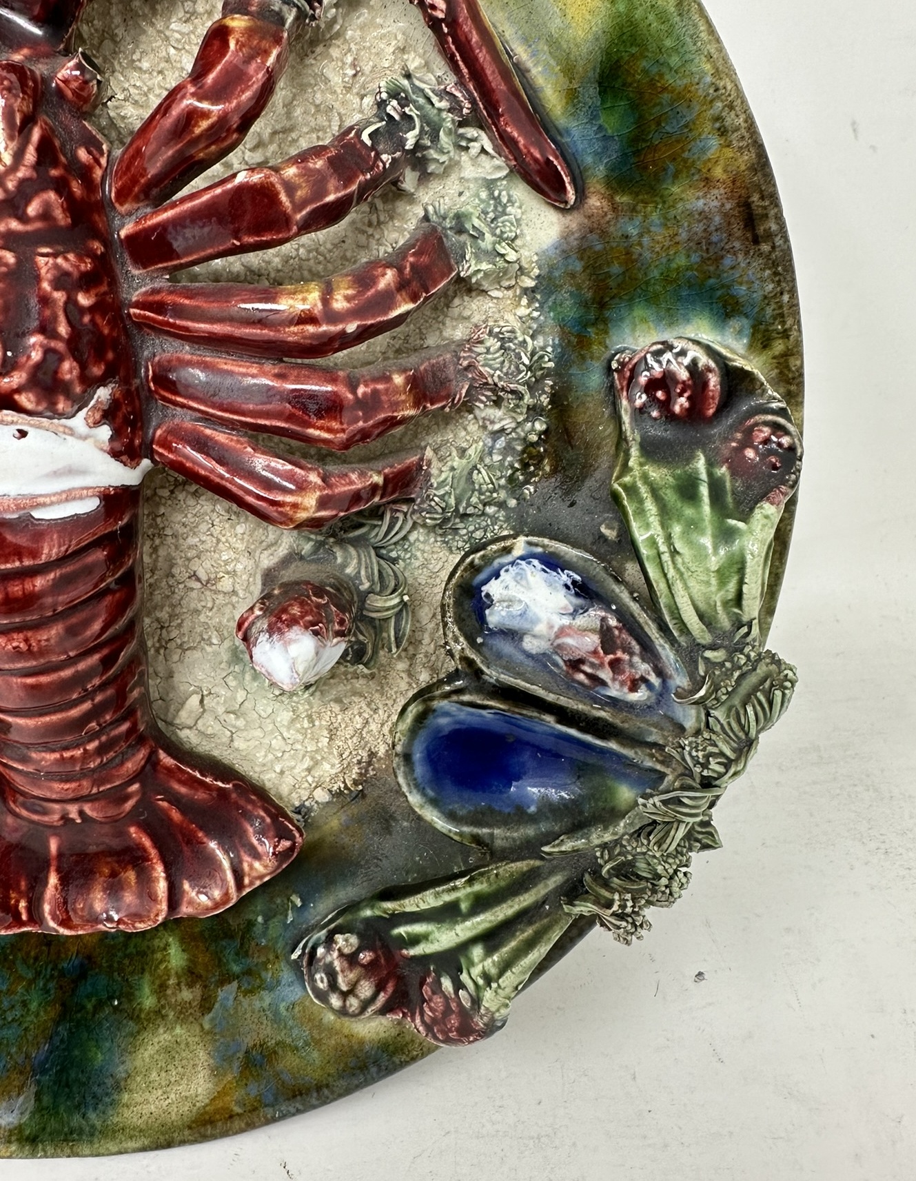295. Pair Antique Majolica Palissy Portuguese Charger by Jose A Cunha Lobster Seafood - Image 5
