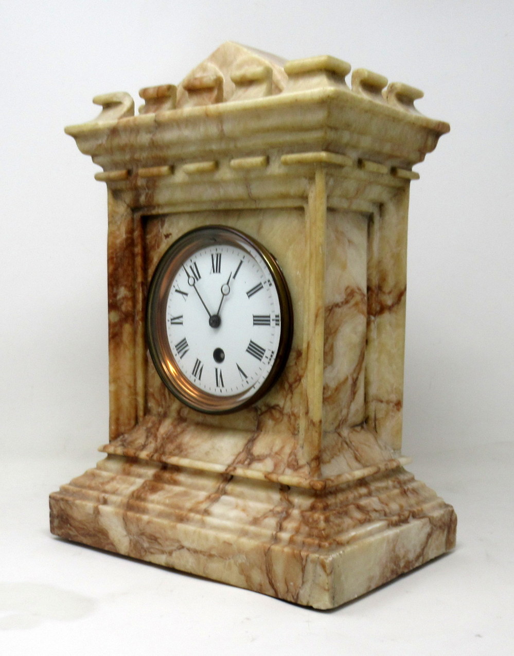 420. Antique French Carved Marble Architectural Castle Form Mantle Clock Timepiece
