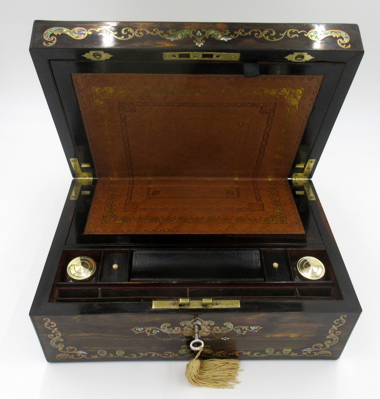 279. Antique Coromandel Mahogany Brass Inlaid English Writing Box Slope Mother Pearl - Image 14