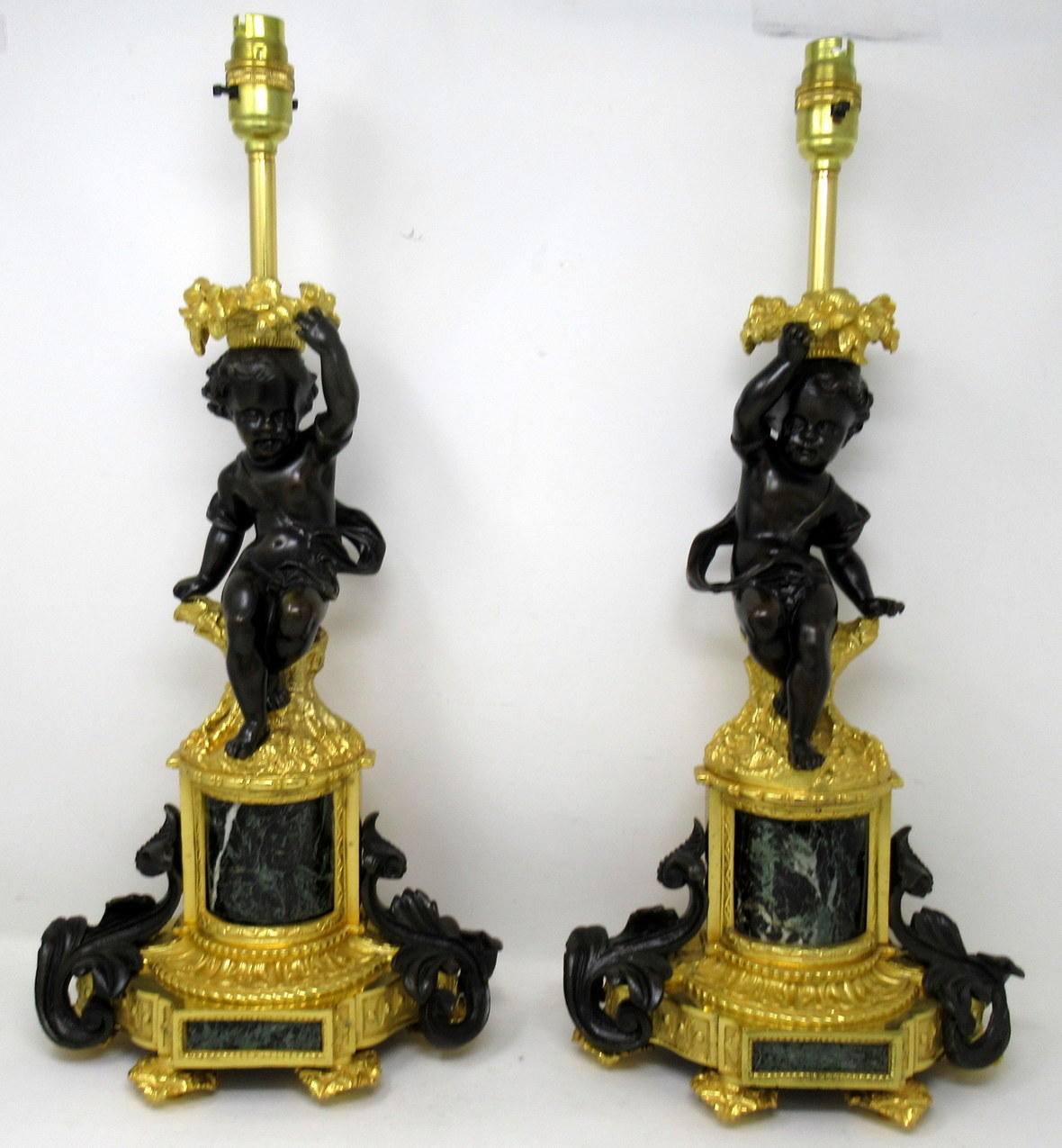 519. Antique Pair Gilt Bronze Ormolu Marble Table Lamps Clodion Grand Tour Cherubs - Image 3