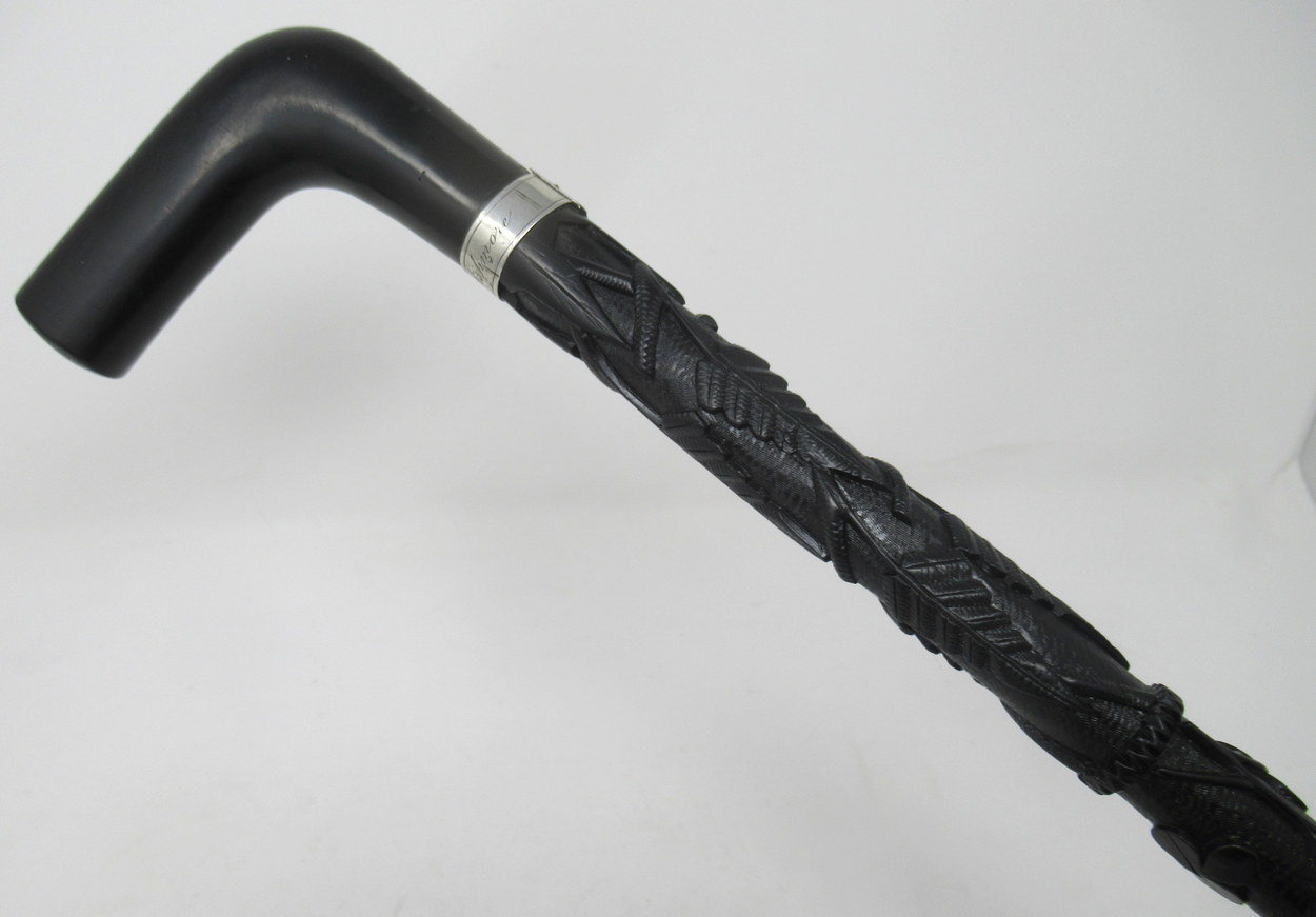 201. Fine Hand Carved Irish Bog Oak Walking Stick Silver Collar 19thCt - Image 2