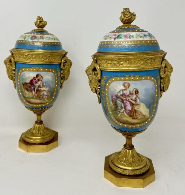634. Antique Pair of French Sèvres Porcelain Ormolu Mounted Urns Vases Centerpiece