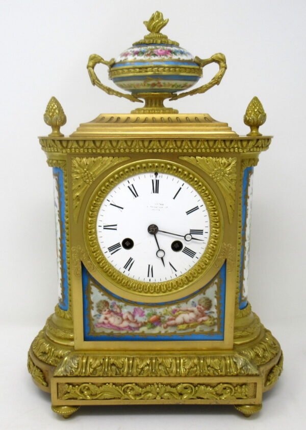 492. Fine French Ormolu Mantle Clock Hand Painted Sevres Panels 19thCt