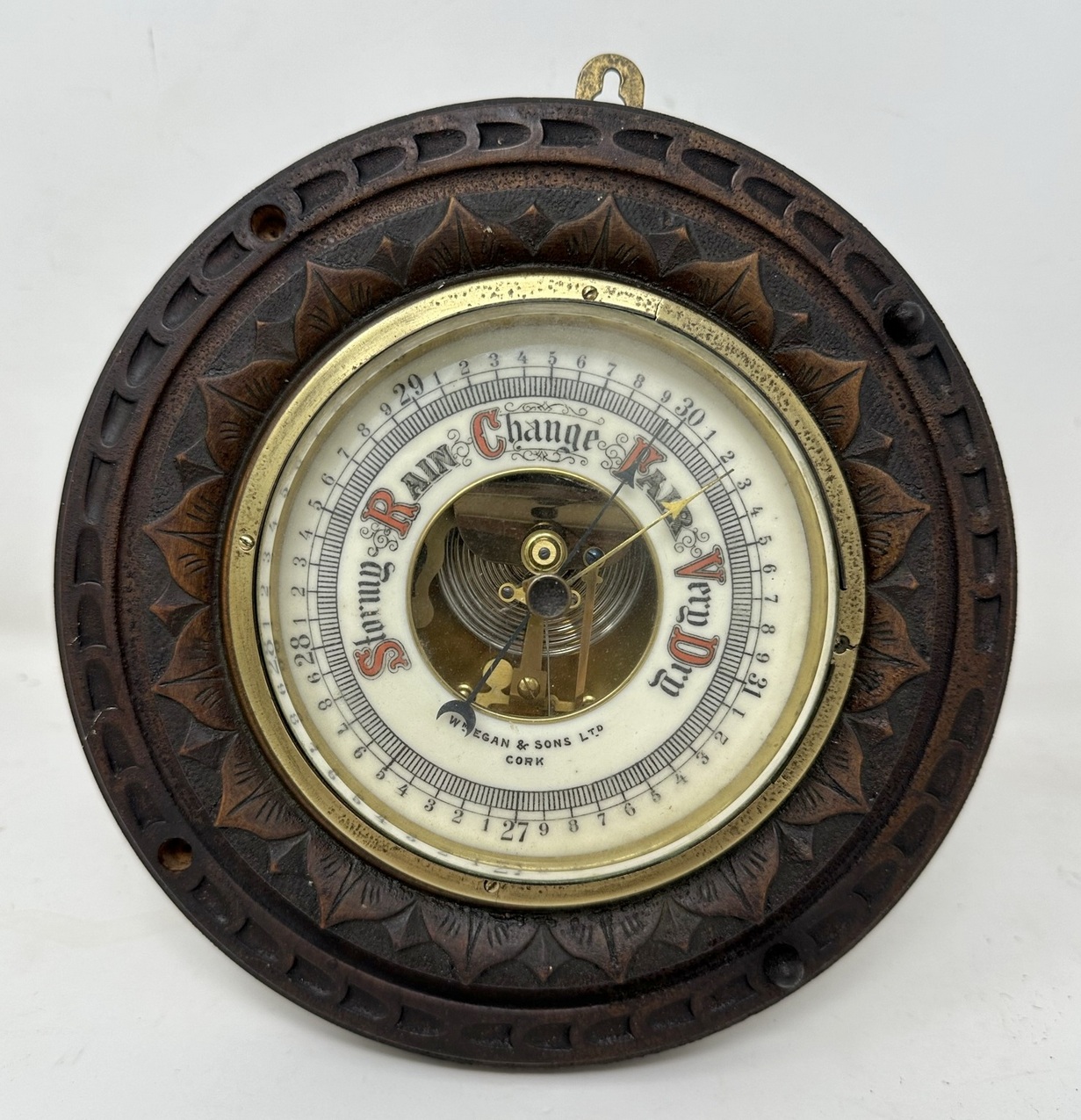 987. Antique Irish Carved Oak Aneroid Barometer Retailed by William Egan Cork Ireland - Image 2