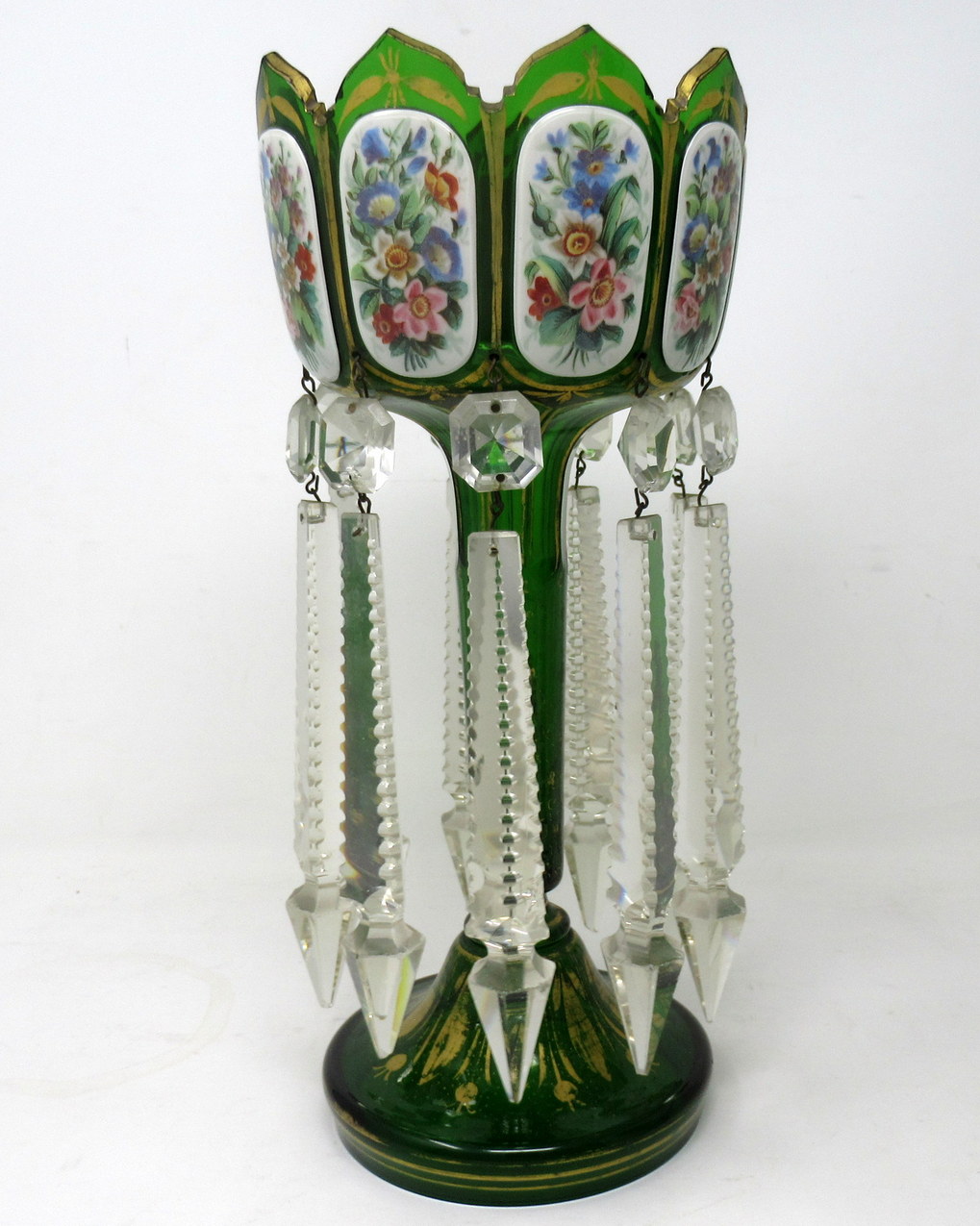 176. Antique Crystal Bohemian Emerald Green Enamel Pair Overlaid Lusters Candlesticks - Image 4