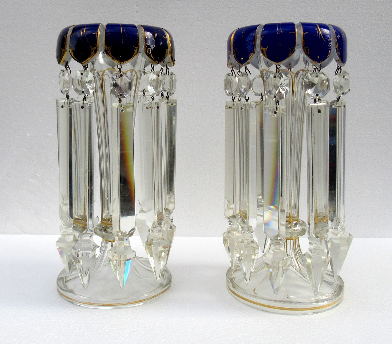 313. Pair of Hand Cut Lead Crystal Bohemian Cobalt Blue Enameled Gilt Lusters 19thCt - Image 2
