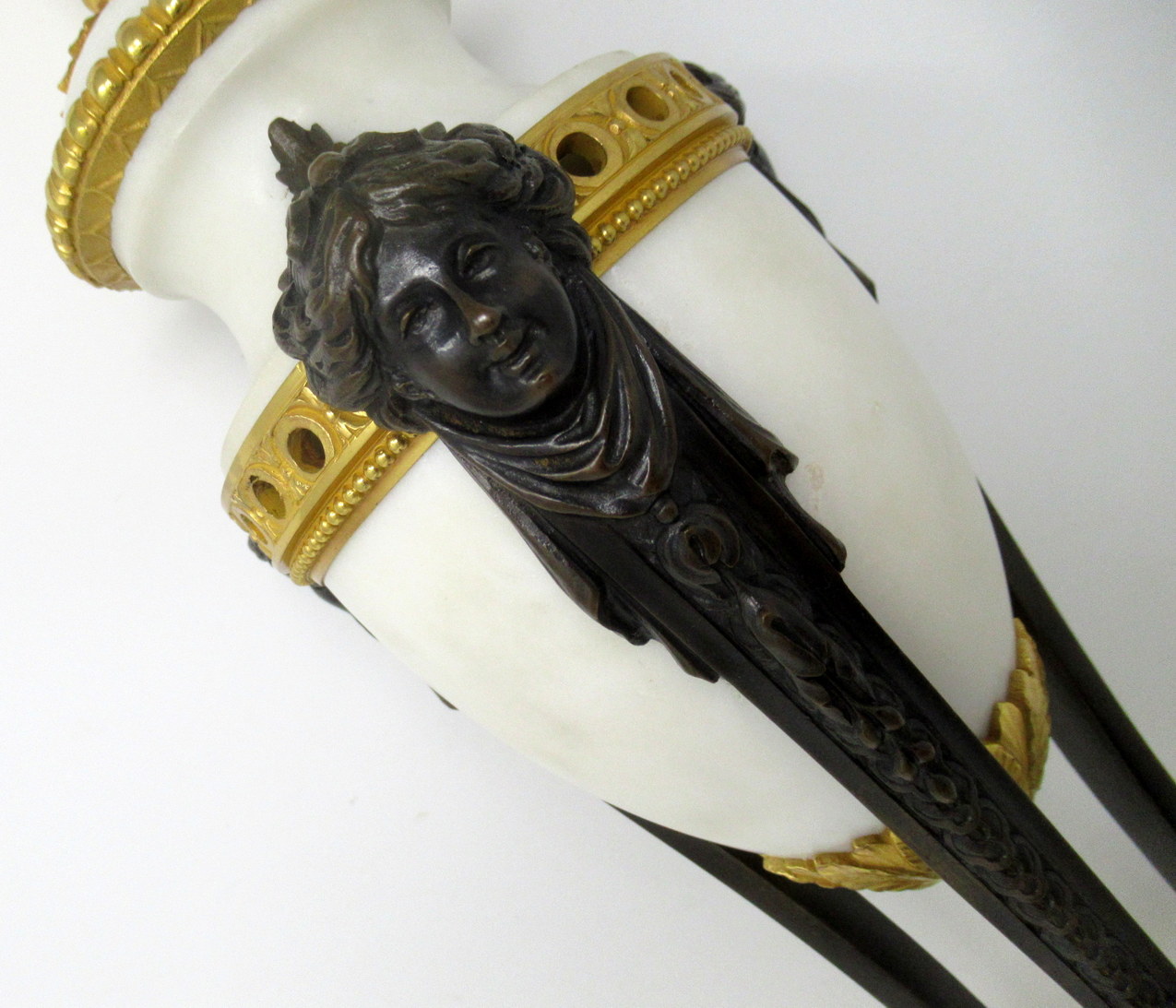 684. Antique Pair of French Ormolu Gilt Bronze White Cream Marble Urns Table Lamps - Image 9