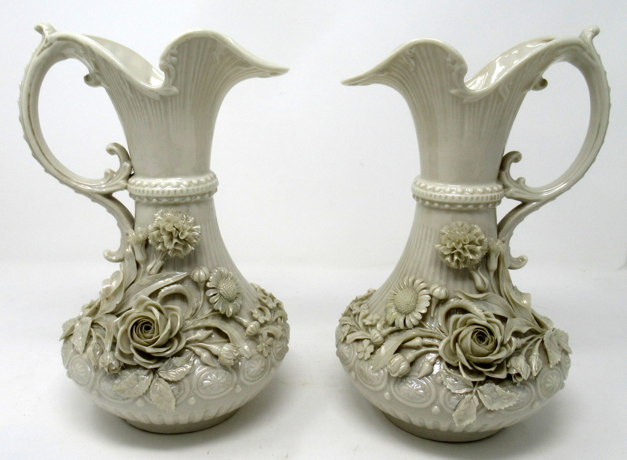 267. Irish Belleek Porcelain Pair Aberdeen Ewers Second Period Black Mark 1891-1926 - Image 2