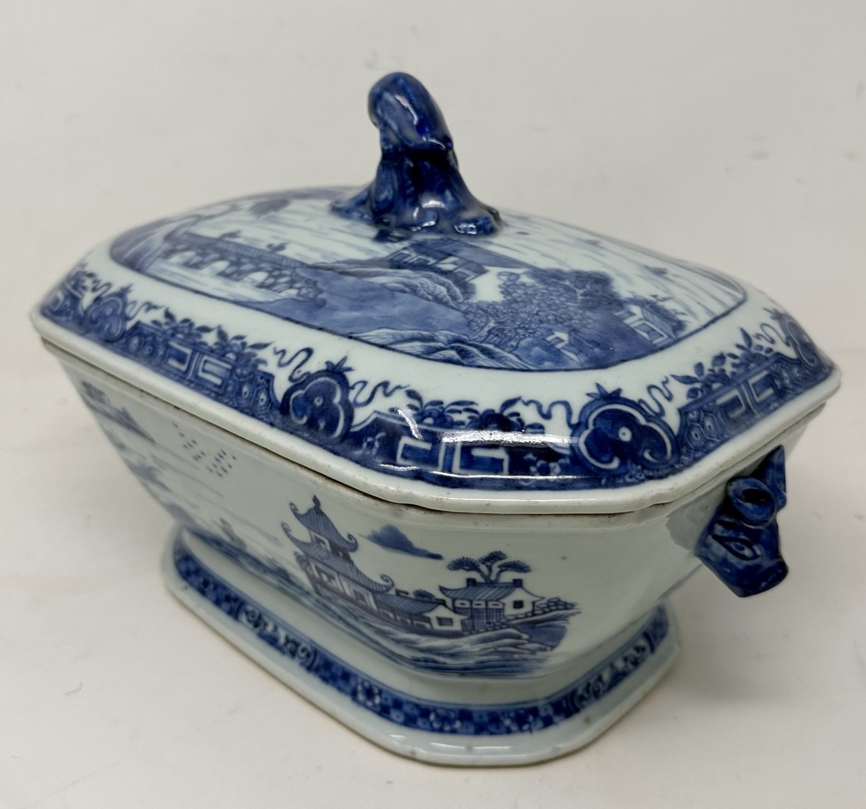 019. Antique Chinese Export Porcelain Blue White Chien Lung Soup Tureen Centerpiece - Image 6