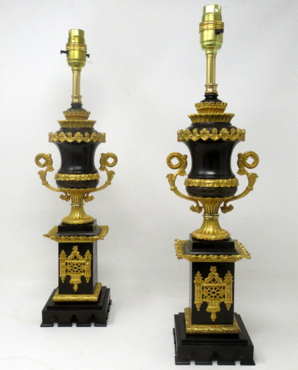 887. Antique Pair French Ormolu and Dore Bronze Grand Tour Electric Table Urns Lamps