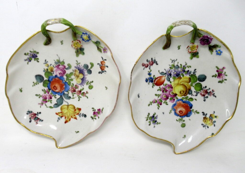 587. Antique Pair German Dresden Meissen Still Life Flowers Cabinet Leaf Form Plates