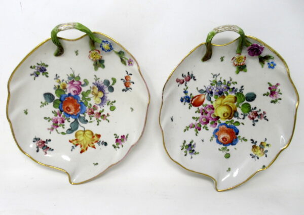 587. Antique Pair German Dresden Meissen Still Life Flowers Cabinet Leaf Form Plates