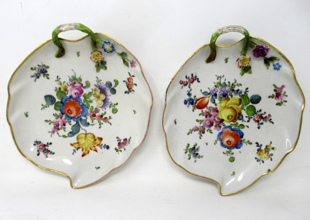 587. Antique Pair German Dresden Meissen Still Life Flowers Cabinet Leaf Form Plates
