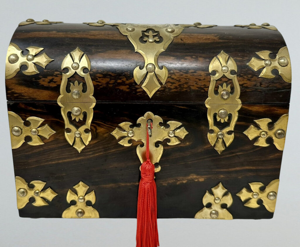 802. SOLD. Antique Victorian Coromandel Brass Wooden Letters Stationery Casket Box Betjemann