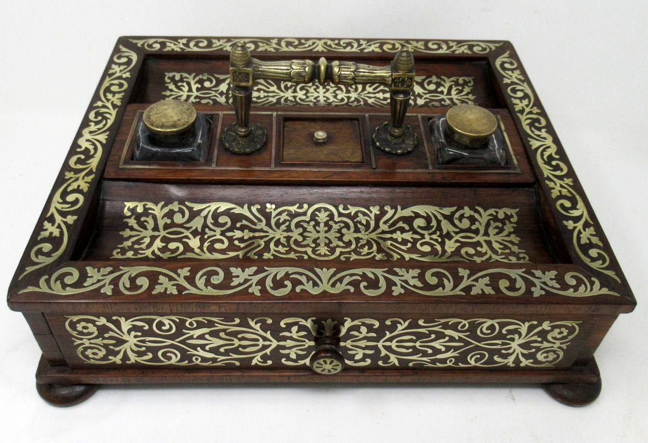 166. Antique Grand Tour Mahogany Brass Inlaid Desk Set Inkstand English Regency 19Ct - Image 4