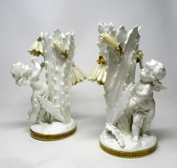 966. Pair English Moore Brothers Porcelain Cream Gilt Cherub Vases Centerpieces 19thC