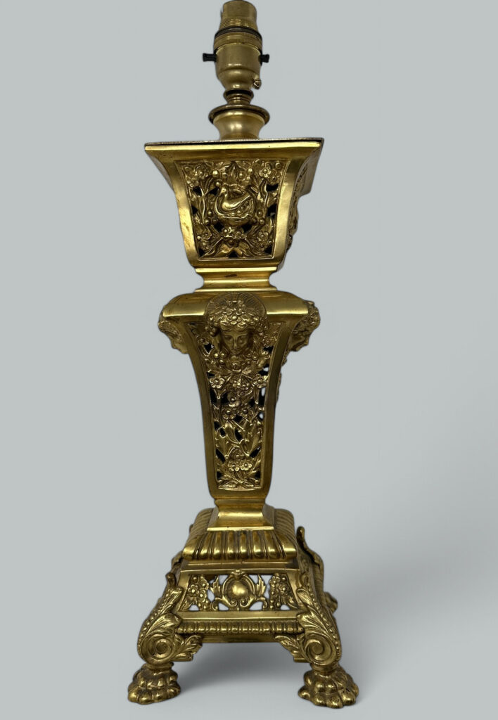 135. SOLD. Antique French Doré Bronze Neoclassical Ormolu Gilt Electric Table Lamp