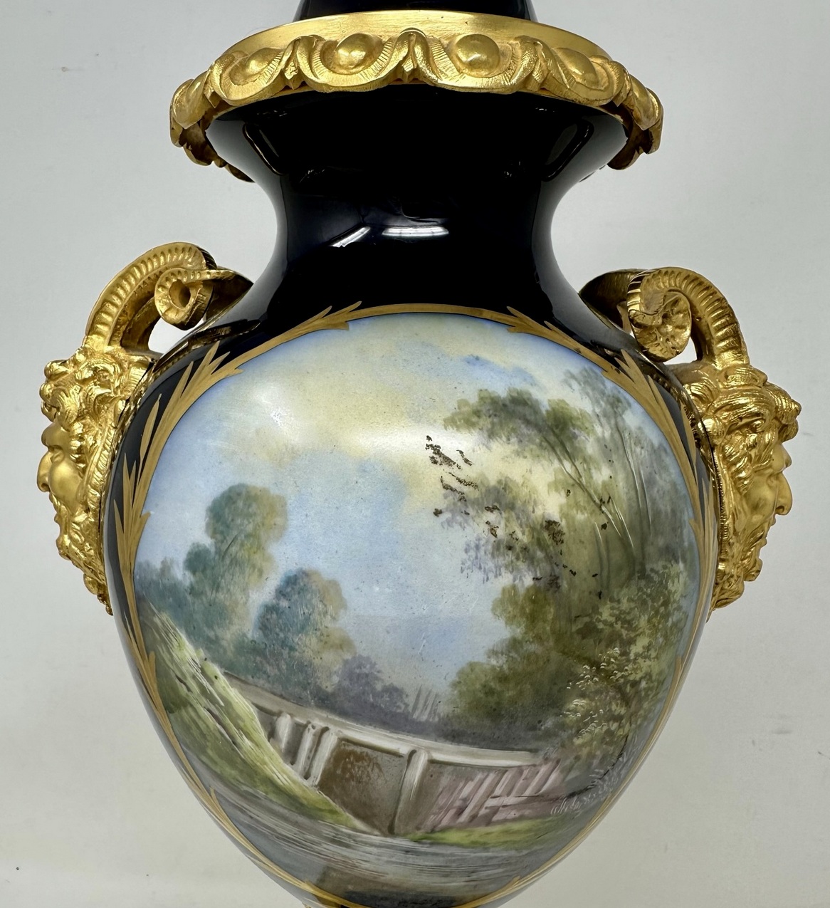 526. French Sèvres Porcelain Watteau Scene Ormolu Cobalt Blue Table Lamp Bronze Satyr - Image 7