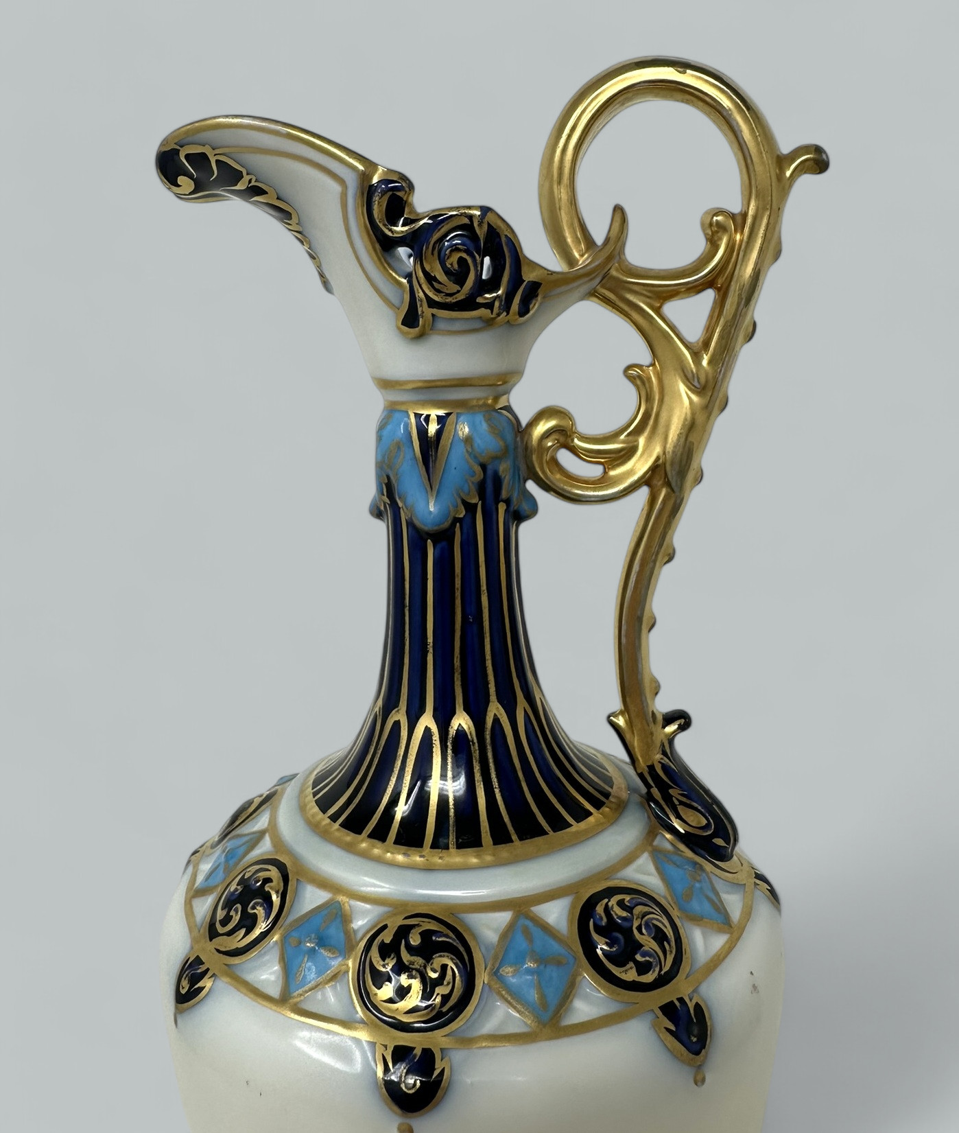 373. Antique Czechoslovakian Porcelain Hand Painted Gilt Vase Ewer Centerpiece 1920 - Image 8