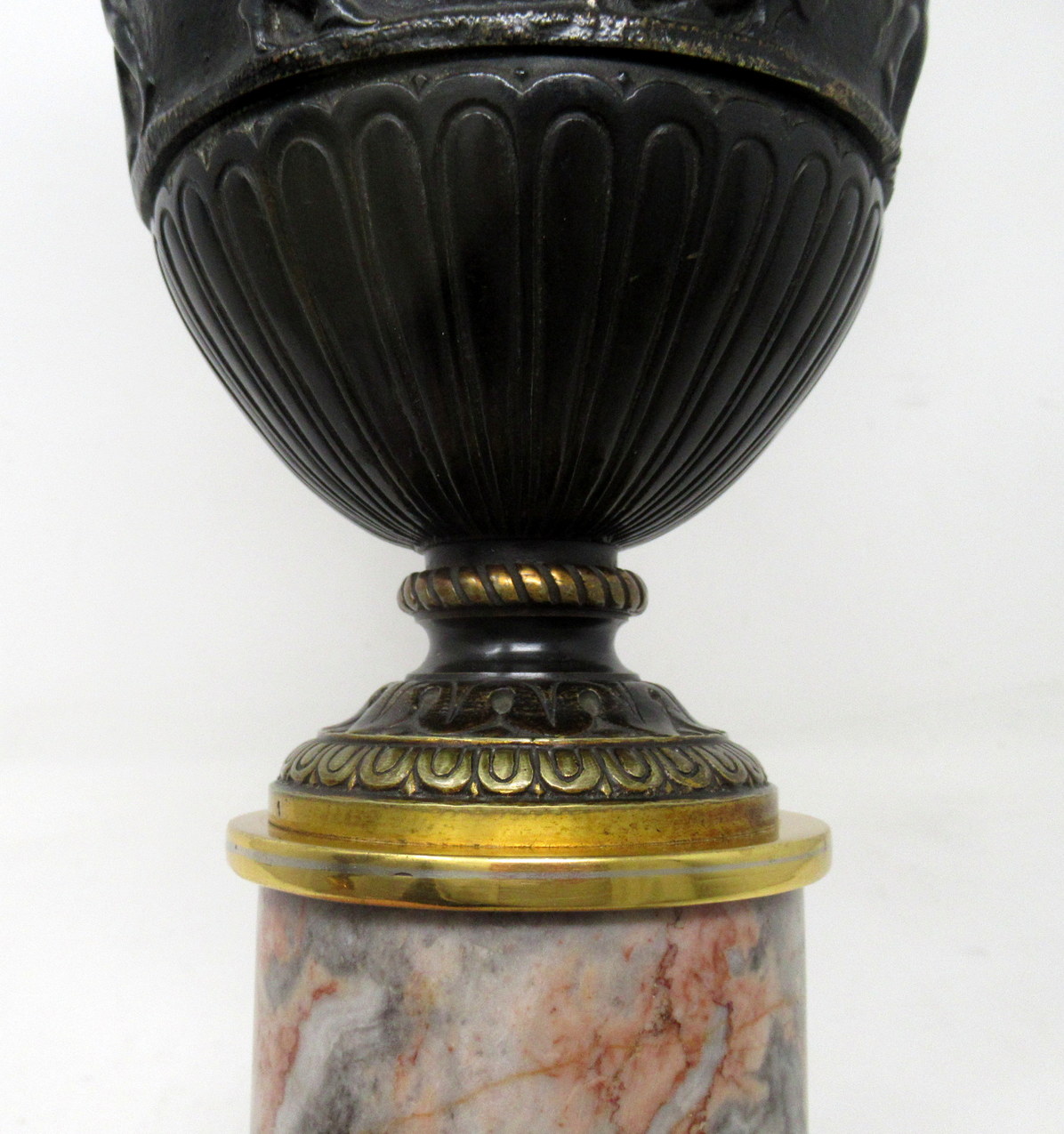 928. Antique Pair French Bronze Ormolu Townley Urns Vases Breche Violette Marble 19Ct - Image 11