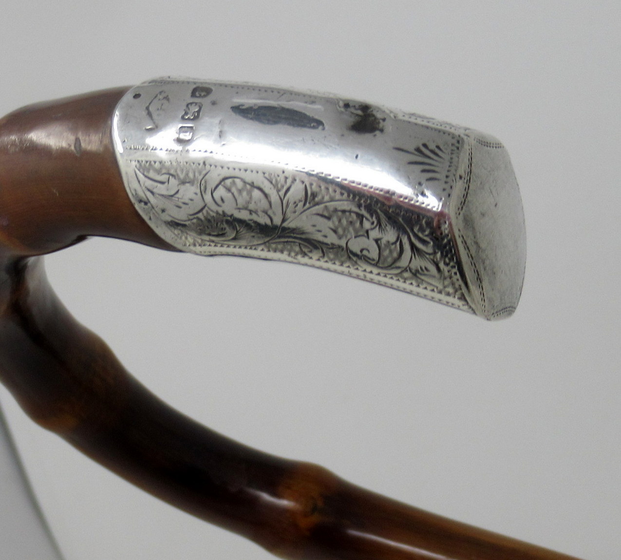 454. Antique Bamboo Wooden Walking Stick Cane Sterling Silver Mount Crook Handle 1908 - Image 6