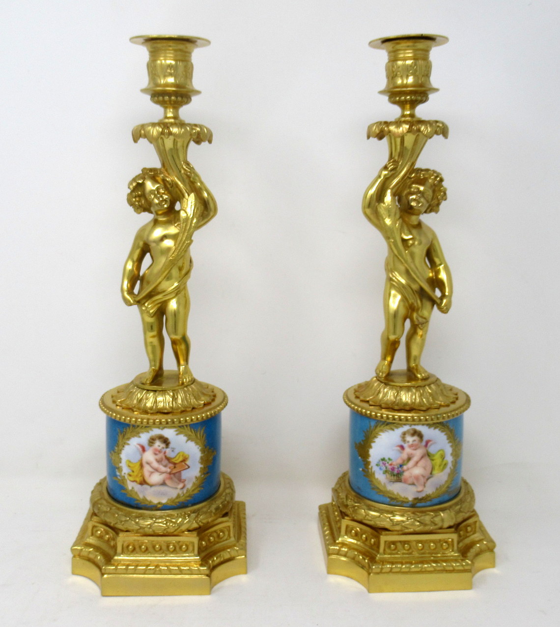 549. Antique Pair French Ormolu Sevres Porcelain Gilt Bronze Cherub Candlesticks 19th Century - Image 2