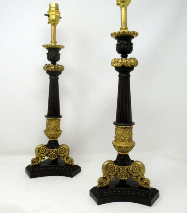 985. Antique Pair of French Doré Bronze Neoclassical Ormolu Candlestick Lamps 19thCt