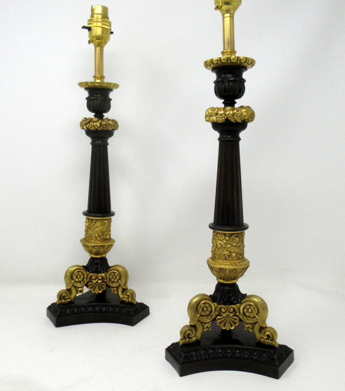 985. Antique Pair of French Doré Bronze Neoclassical Ormolu Candlestick Lamps 19thCt
