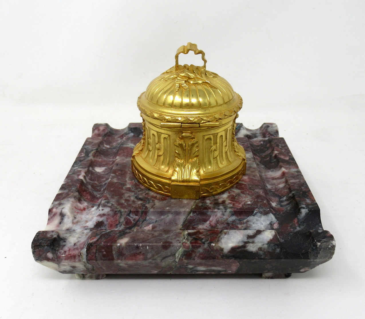 299. Antique French Ormolu Gilt Bronze Breche Violete Marble Desk Inkwell Centerpiece - Image 5