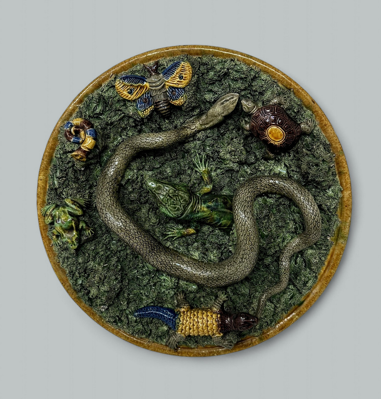 447. Antique Majolica Palissy Portuguese Charger by Jose A Cunha Butterfly Snake 1905 - Image 2