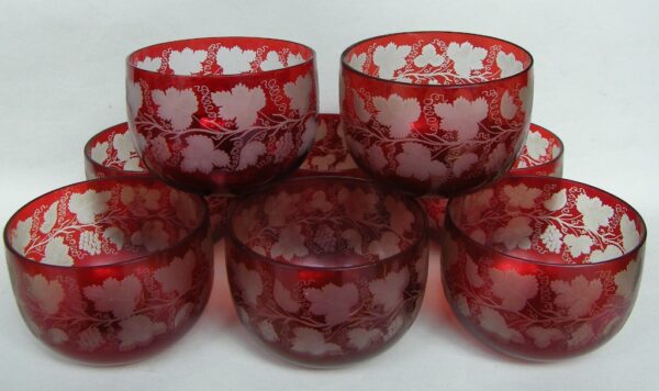 246. Set Eight Bohemian Ruby Etched Finger Bowls 19th Ct