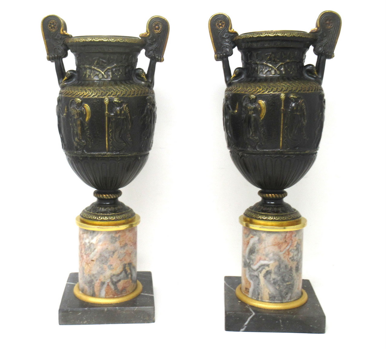 928. Antique Pair French Bronze Ormolu Townley Urns Vases Breche Violette Marble 19Ct - Image 2