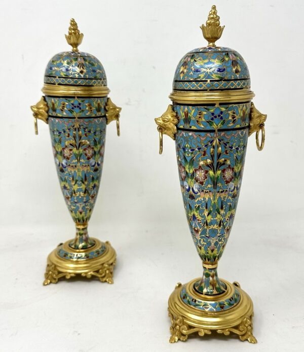 733. Antique Pair French Cloisonne Champlevé Enamelwork Ormolu Gilt Bronze Vases Urns