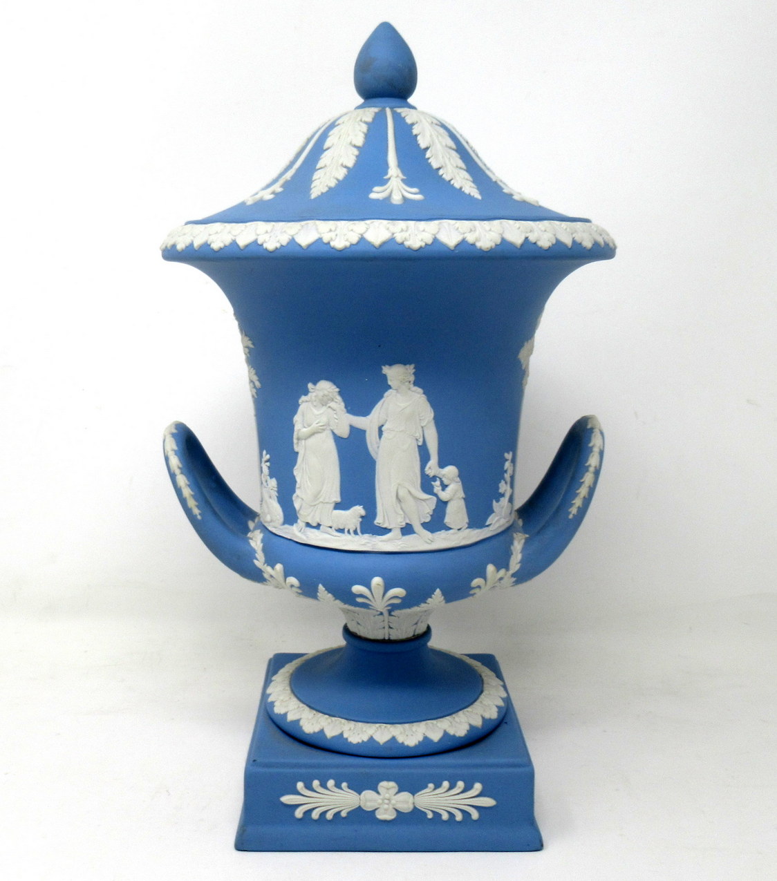 356. Antique Pair of Blue Wedgwood Jasperware Ceramic Urns Vases Mythological Classical Scenes - Image 8