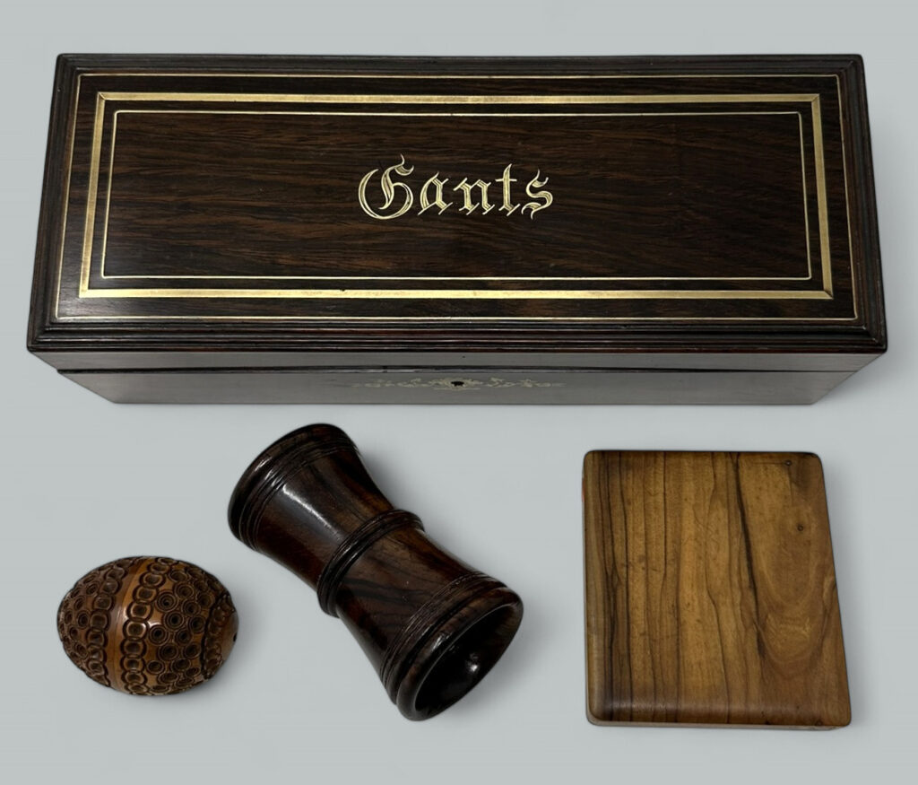 663. Antique Treen Ware Coquilla Nut, Glove Box, Chess Dice Shaker, Lady's Card Case