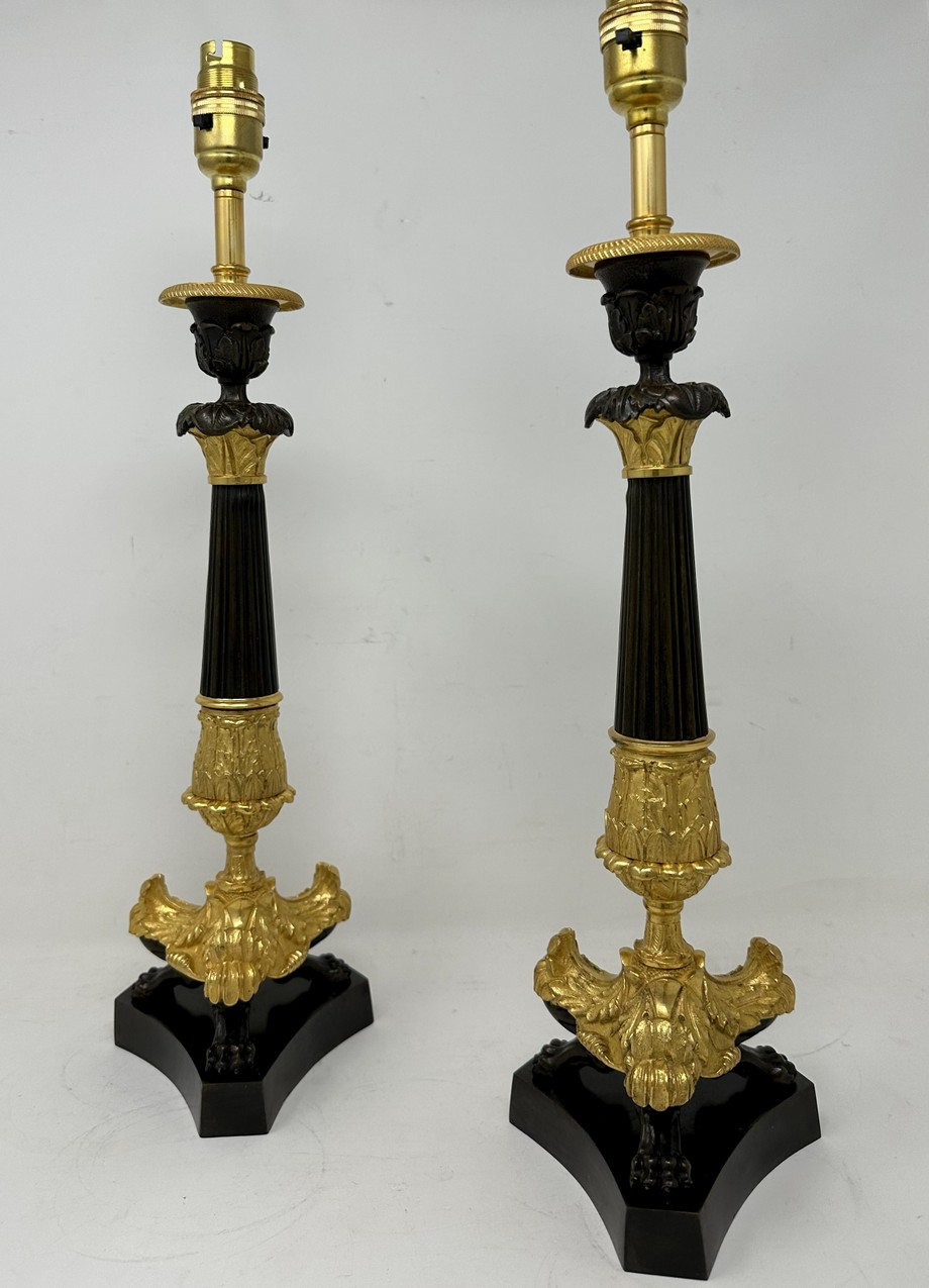 222. Antique Pair of French Doré Bronze Neoclassical Ormolu Gilt Candlesticks Lamps - Image 4