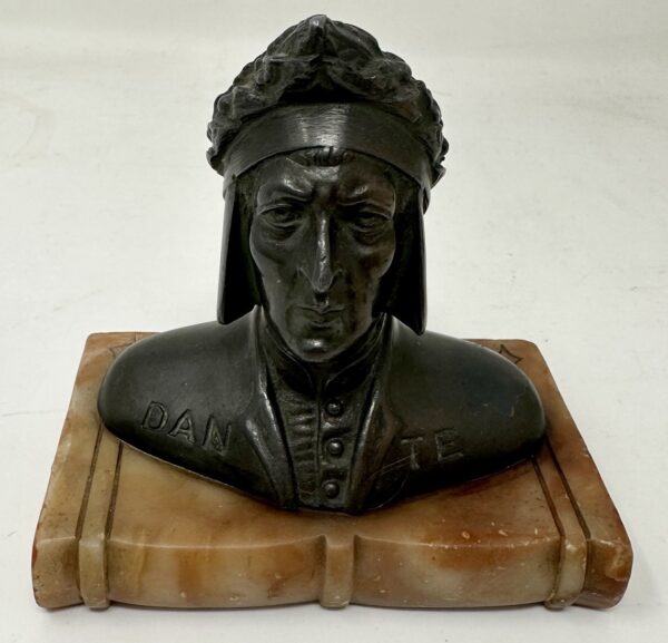 322. Antique Grand Tour Bronze Sculpture Bust of Dante Alighieri Alabaster Base 19Ct