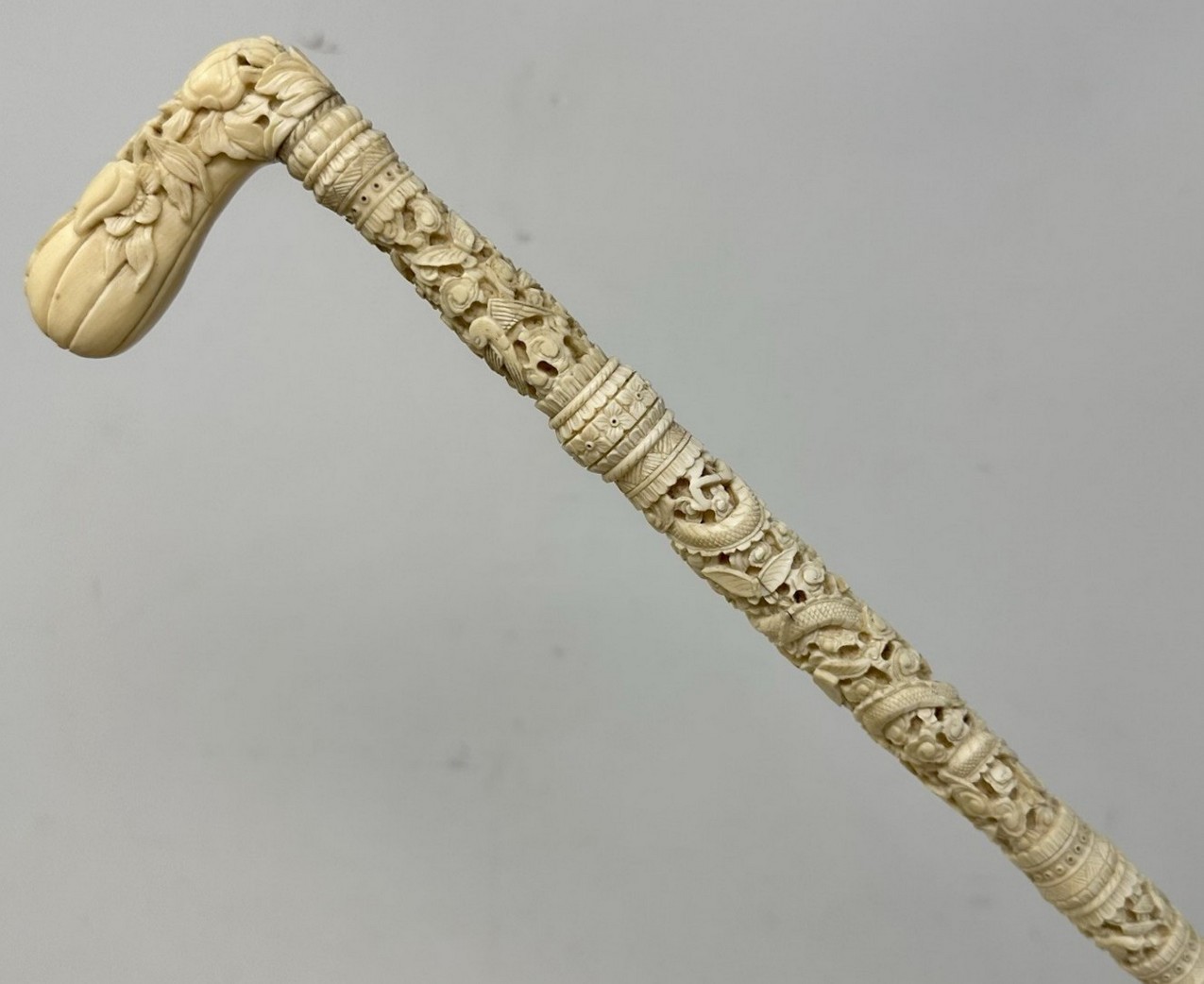 688. Antique Victorian Vintage Chinese Ivory Bovine Walking Stick Cane Carved Dragon