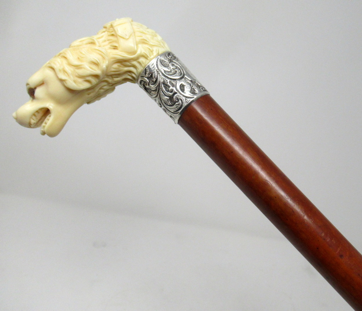569. Novelty Walking Stick Carved Ivory Dog Jonathan Howell Silver Collar Hallmark 1885 - Image 2