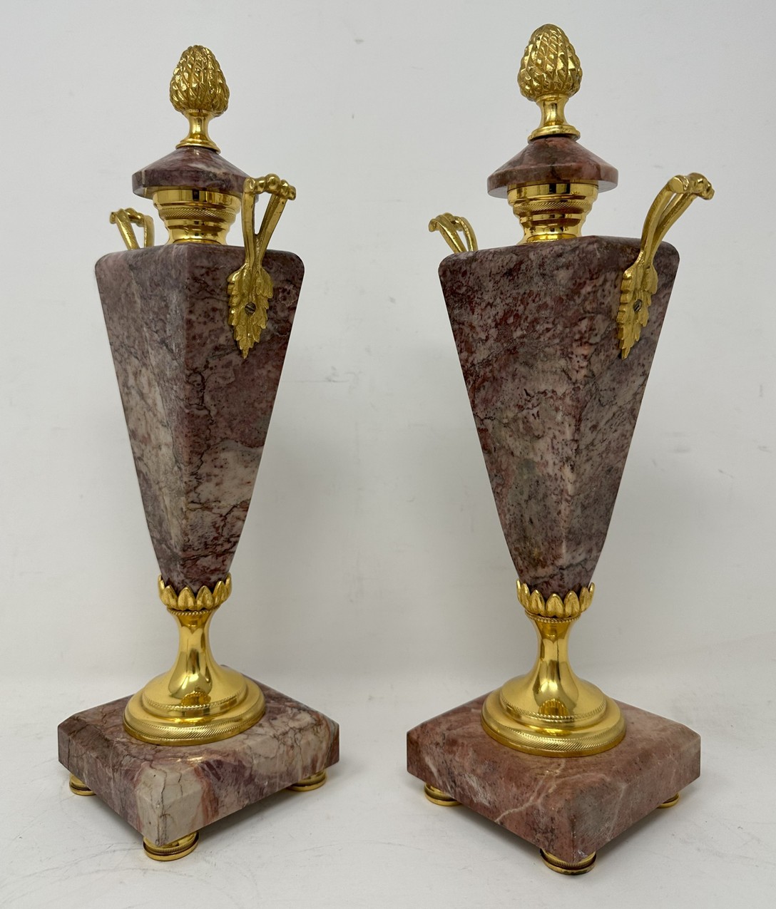 387. Antique Pair French Breche Violet Marble Gilt Bronze Ormolu Urns Vases 19th Century - Image 4