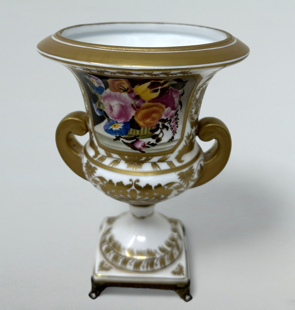 359. Antique Pair French Edwardian Campana Porcelain Urns Vases Still Life Flowers - Image 4