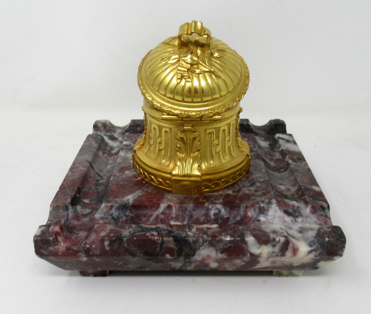 299. Antique French Ormolu Gilt Bronze Breche Violete Marble Desk Inkwell Centerpiece - Image 4