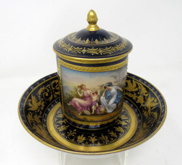 394. Antique Austrian Royal Vienna Sevres Style Chocolate Tea Cup Saucer Cobalt Blue