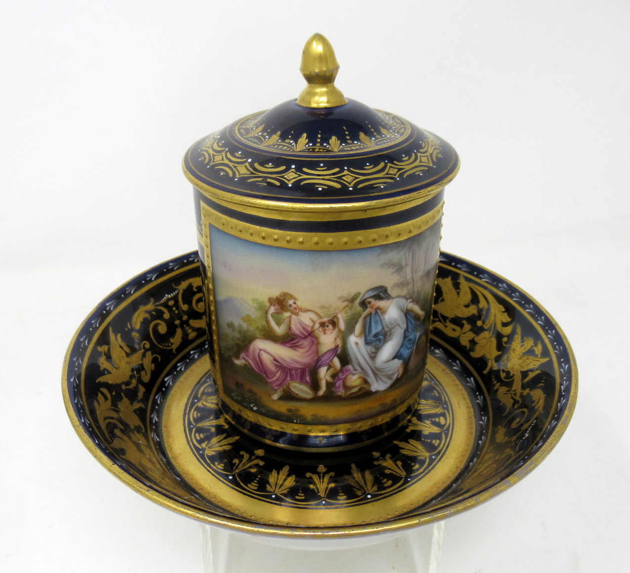 394. Antique Austrian Royal Vienna Sevres Style Chocolate Tea Cup Saucer Cobalt Blue