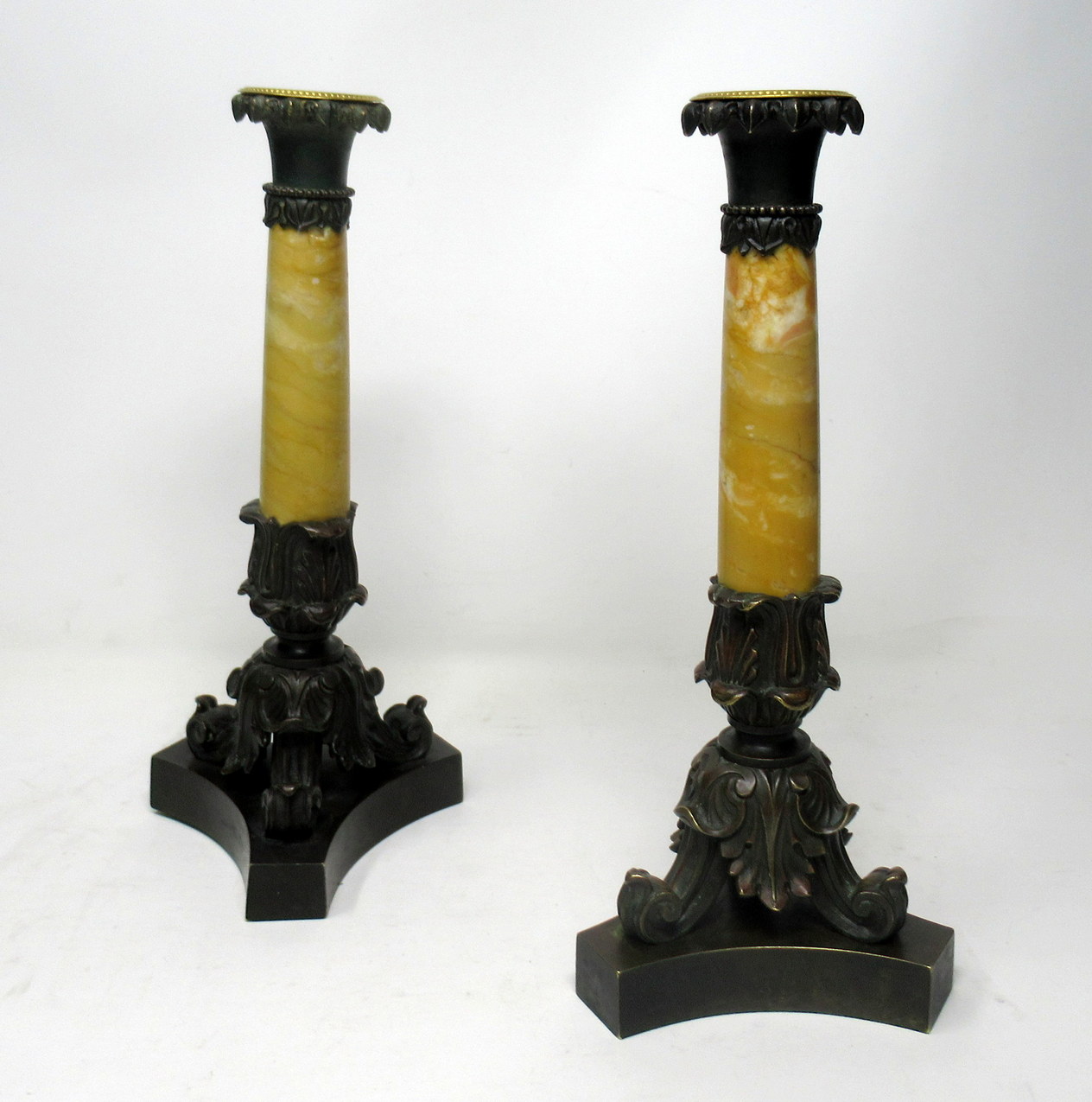 209. Antique Pair Grand Tour French Bronze Dore Sienna Marble Ormolu Candlesticks 19th Century
