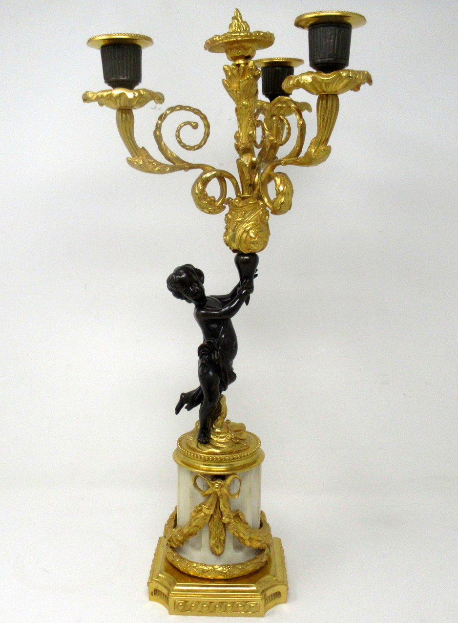 429. Antique Pair Gilt Bronze Ormolu Marble Three Light Candelabra Clodion Grand Tour - Image 4