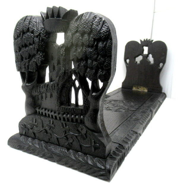 315. Irish Carved Bog Wood Oak Bookcase Harp Shamrock Cornelius Goggin Dublin Ireland