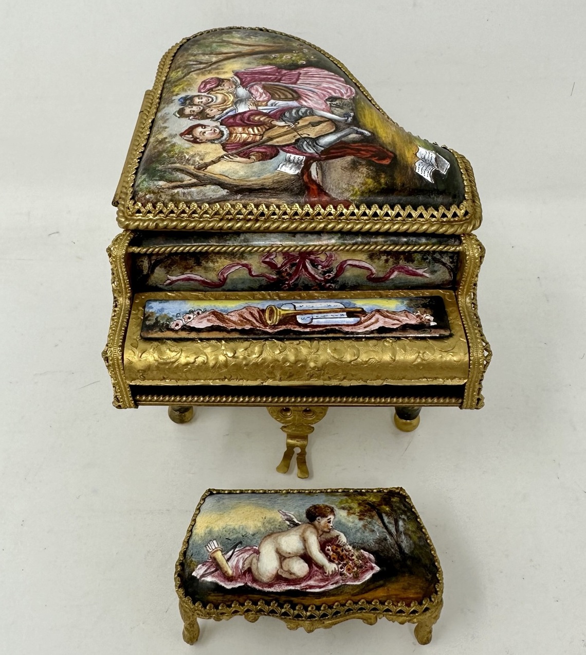811. Antique Austrian Ormolu Bronze Enameled Viennese Miniature Musical Piano Casket - Image 5